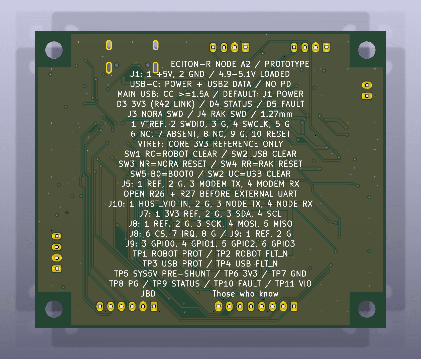 Back-side CAD preview of the ECITON-R Node A2 PCB, showing routing and connector labels. The board has not been assembled or physically tested.